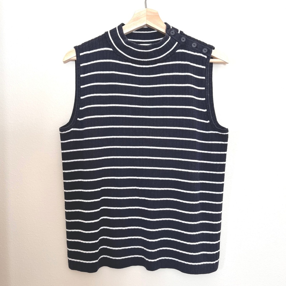 Talbots Womens Navy White Striped Mock Neck Sleeveless Sweater L Coastal Preppy